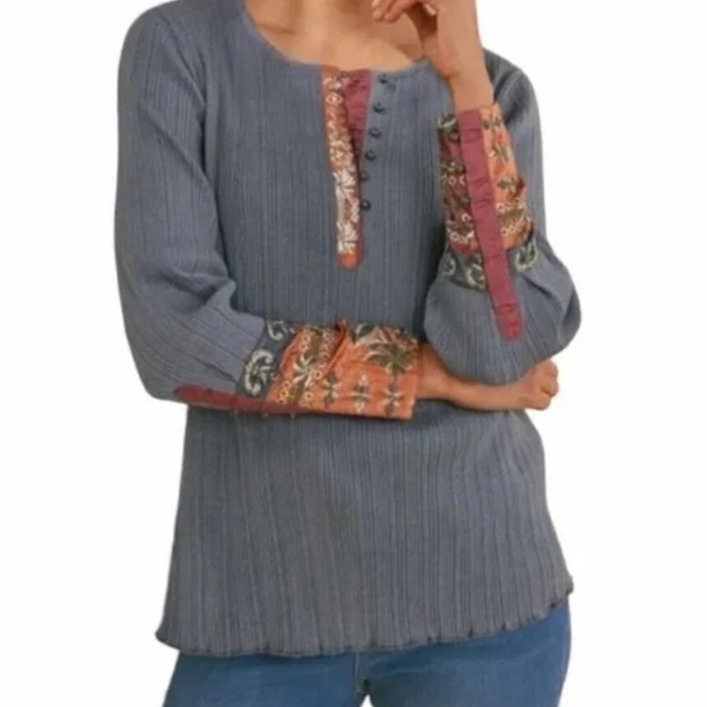Soft Surrounding XL Tunic‎ Top Embroidered India Boho Ribbed Gray